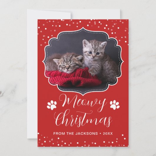 Meowy Christmas White Script Pet Cat写真 シーズンカード (正面)