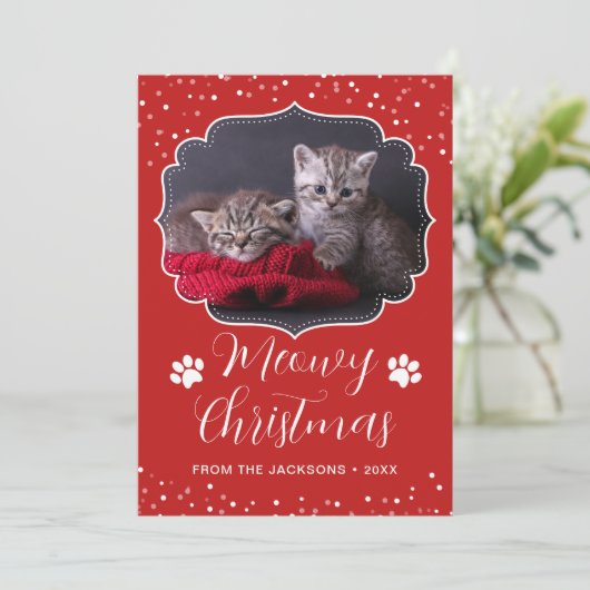Meowy Christmas White Script Pet Cat写真 シーズンカード (スタンド正面)
