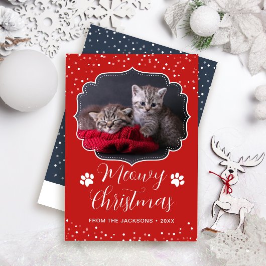 Meowy Christmas White Script Pet Cat写真 シーズンカード