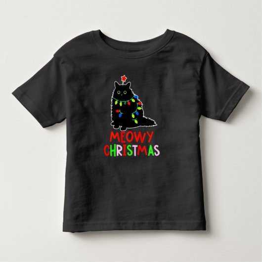 Meowy Christmas Xmas Lights Black Cat Pajamas  トドラーTシャツ (正面)