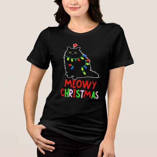 Meowy Christmas Xmas Lights Black Cat Pajamas  トライブレンドＴシャツ (正面)