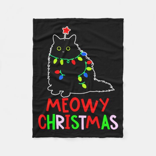 Meowy Christmas Xmas Lights Black Cat Pajamas  フリースブランケット (正面)