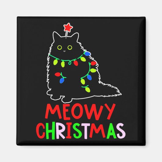 Meowy Christmas Xmas Lights Black Cat Pajamas  マグネット (正面)