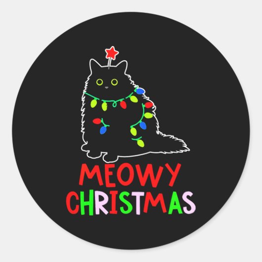 Meowy Christmas Xmas Lights Black Cat Pajamas ラウンドシール (正面)