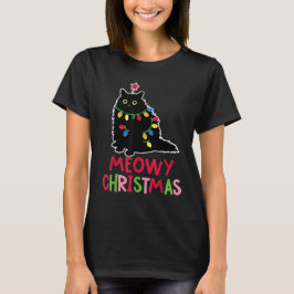 Meowy Christmas Xmas Lights Black Cat Pajamas Fami Tシャツ