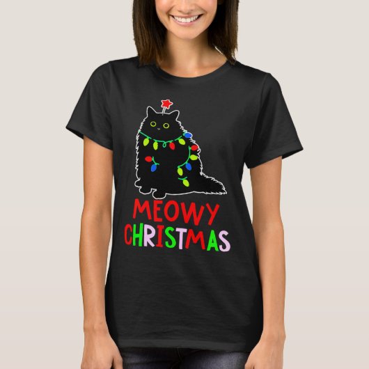 Meowy Christmas Xmas Lights Black Cat Pajamas Tシャツ (正面)