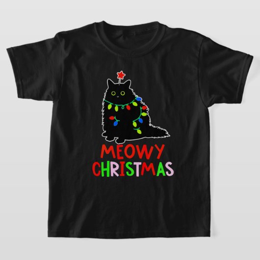 Meowy Christmas Xmas Lights Black Cat Pajamas  Tシャツ (レイダウン)