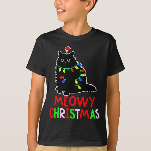 Meowy Christmas Xmas Lights Black Cat Pajamas  Tシャツ (正面)