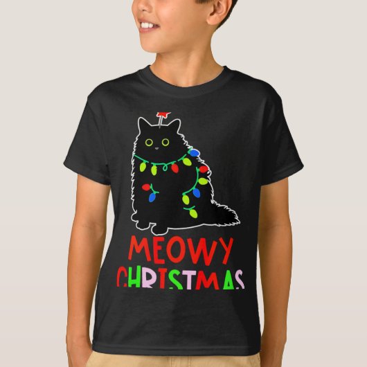 Meowy Christmas Xmas Lights Black Cat Pajamas Todd Tシャツ (正面)
