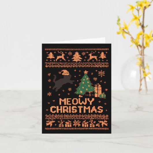 Meowy Christmas Xmas Tree Cat Ugly Sweater Pajamas カード (黄色い花)