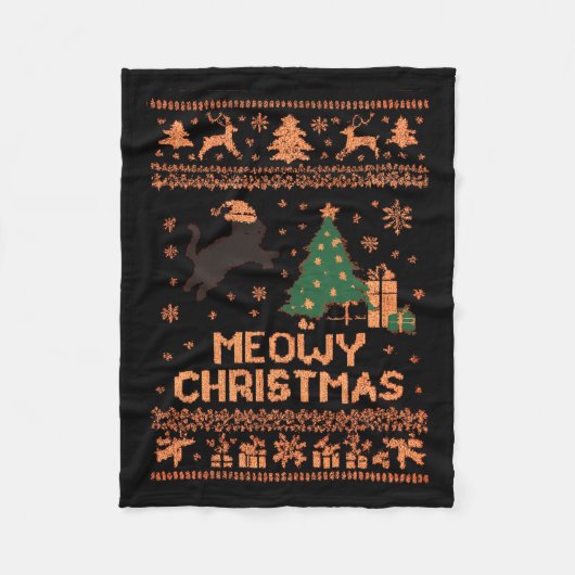 Meowy Christmas Xmas Tree Cat Ugly Sweater Pajamas フリースブランケット (正面)