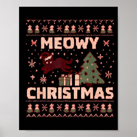 Meowy Christmas Xmas Tree Cat Ugly Sweater Pajamas ポスター (正面)