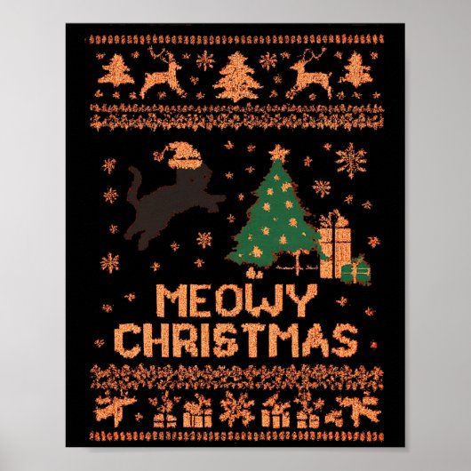 Meowy Christmas Xmas Tree Cat Ugly Sweater Pajamas ポスター (正面)