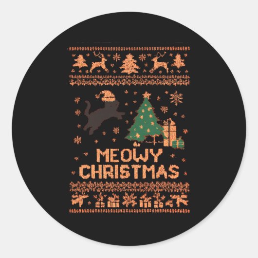 Meowy Christmas Xmas Tree Cat Ugly Sweater Pajamas ラウンドシール (正面)