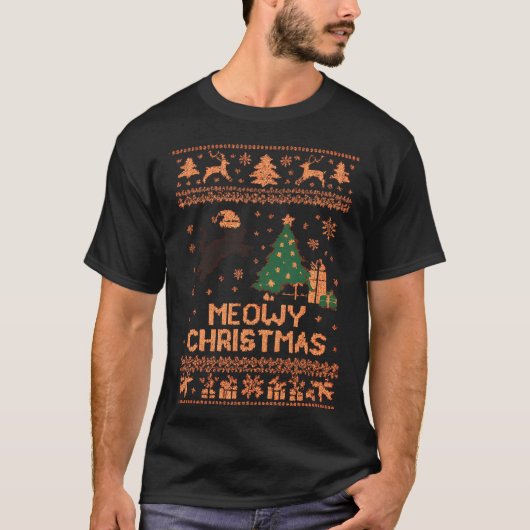 Meowy Christmas Xmas Tree Cat Ugly Sweater Pajamas Tシャツ (正面)