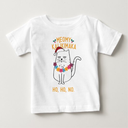 Meowy Kalikimaka Catおもしろいサンタハットクリスマス ベビーTシャツ (正面)