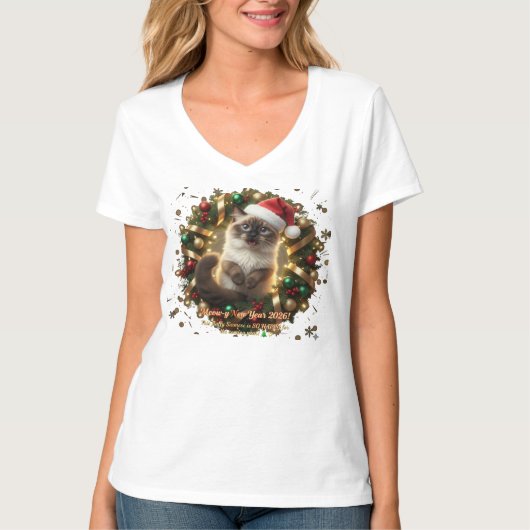 Meowy New Year 2026 – Fluffy Siamese Cat in Christ Tシャツ (正面)