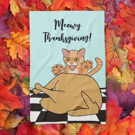 Meowy Thanxsgiving Catおもしろい Turkey Cartoon キッチンタオル