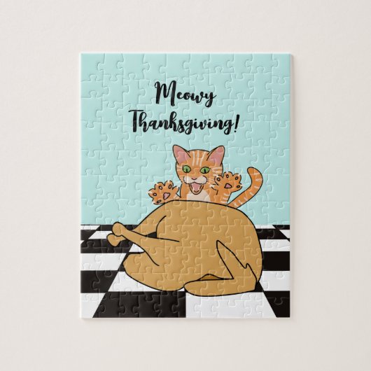 Meowy Thanxsgiving Catおもしろい Turkey Cartoon ジグソーパズル (縦)