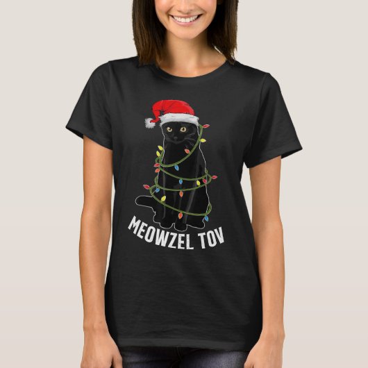 Meowzel Tovブラックキャットハヌッカクリスマスライトカ Tシャツ (正面)