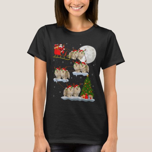 Meranian Dog Santa Sleigh Flying Funny Magical Chr Tシャツ (正面)