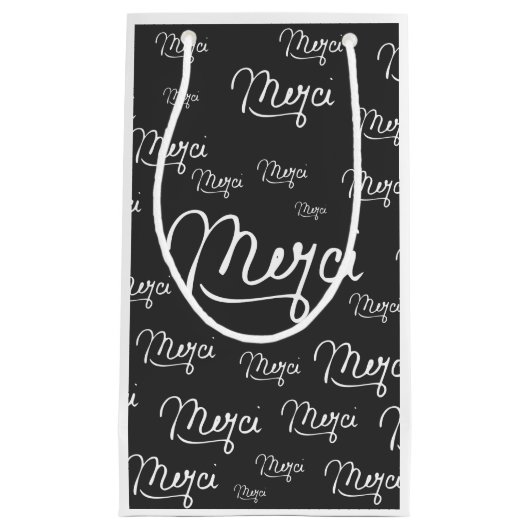 "Merci"のフランス語は黒く及び白いパターンを引用します スモールペーパーバッグ (正面)