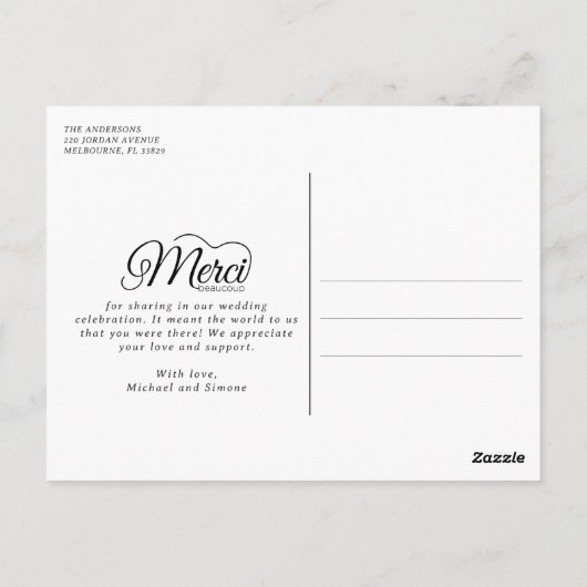 Merci Beaucoup写真モダンの結婚ありがとう ポストカード (裏面)