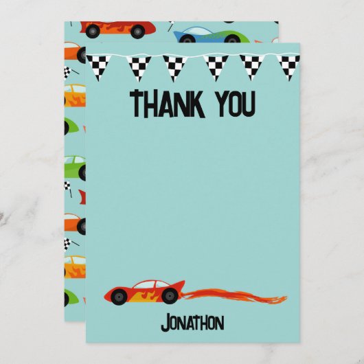 Merci Course de Voiture Anniversaire Enfants Voitu サンキューカード (正面/裏面)