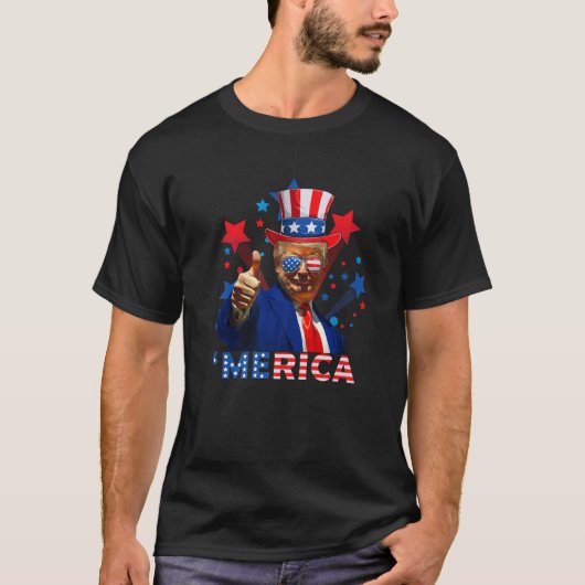 Merica 4th Of 7月の花火トランプ独立おもしろいした Tシャツ (正面)