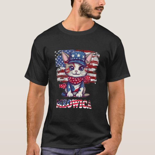Merica 4th of July Meowica Kitty Cat American Flag Tシャツ (正面)