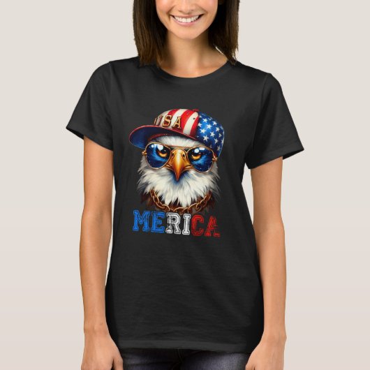 Merica Bald Eagle Wearing Cap 4th Of July Patrioti Tシャツ (正面)