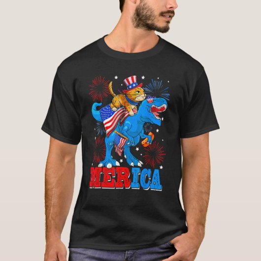 Merica Cat  Rex America Flag Dinosaurs 4th Of July Tシャツ (正面)