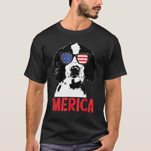 Merica Englisth Springer Spaniel American Flag 4th Tシャツ (正面)