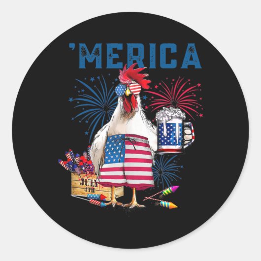 Merica Funny Chicken with beer USA Flag 4th of ラウンドシール (正面)