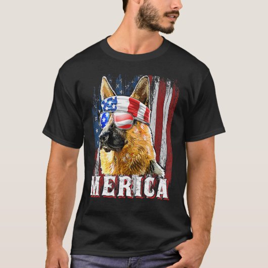 Merica German Shepherd Dog 4th Of July American Fl Tシャツ (正面)