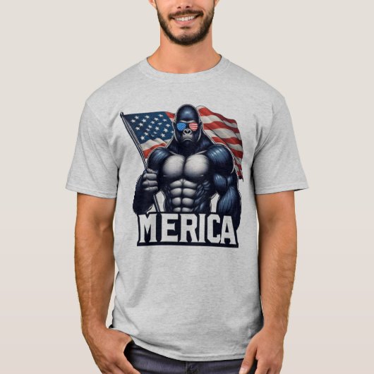 MERICA – Patriotic Gorilla Holding American Flag F Tシャツ (正面)