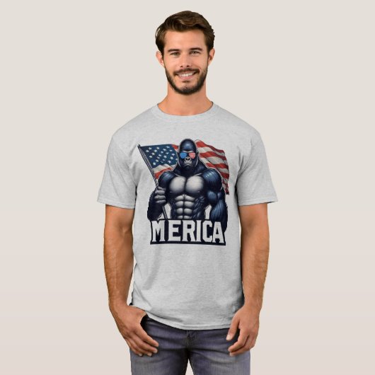 MERICA – Patriotic Gorilla Holding American Flag F Tシャツ (正面フル)
