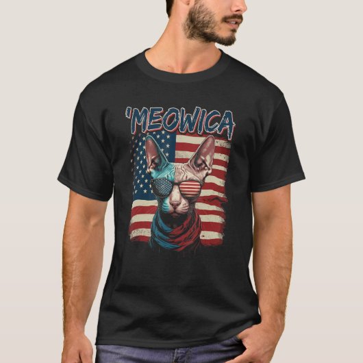 Merica Patriotic Sphynx Cat Meowica 4th of July Ca Tシャツ (正面)