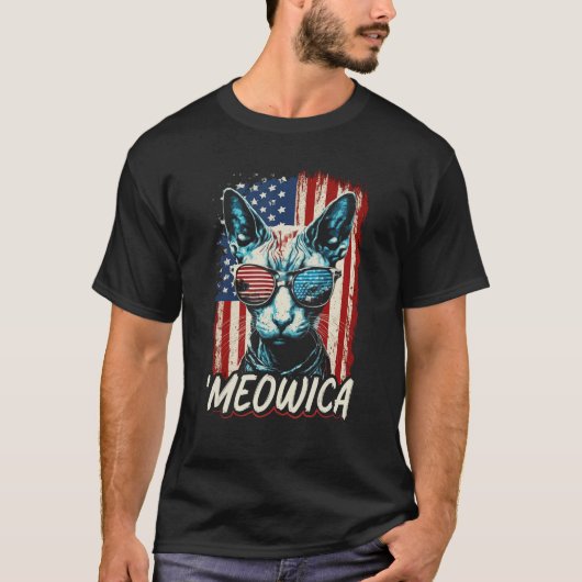 Merica Patriotic Sphynx Cat Meowica 4th of July Ca Tシャツ (正面)