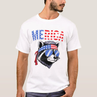 Merica Raccoon USA Flag Bandana Sunglasses Funny  Tシャツ