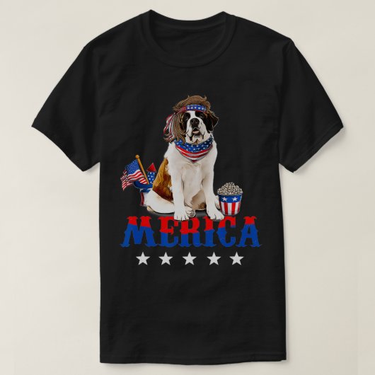 Merica Saint Bernard 4th of July American Flag Pat Tシャツ (デザイン正面)