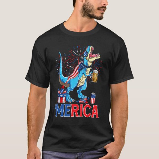 Merican Rex & Beer Glass USA Flag Indepedence Day Tシャツ (正面)