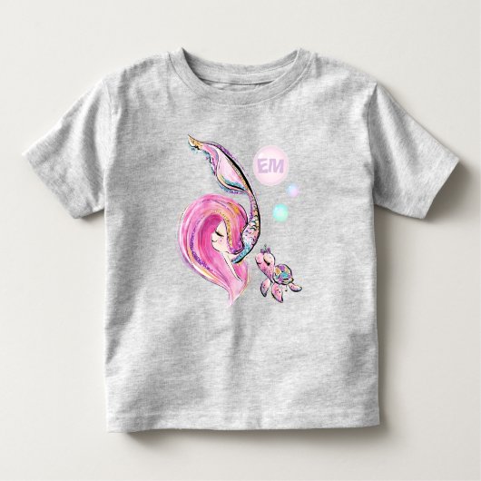 Mermaidとウミガメの友人、追加イニシャル女の子 トドラーTシャツ (正面)