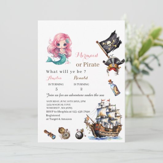 Mermaidと海賊水色の誕生日paInvitation 招待状 (スタンド正面)