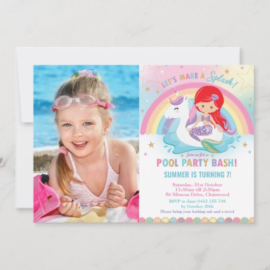 MermaidとUnicornプールの誕生日パーティーの写真 招待状 (正面)