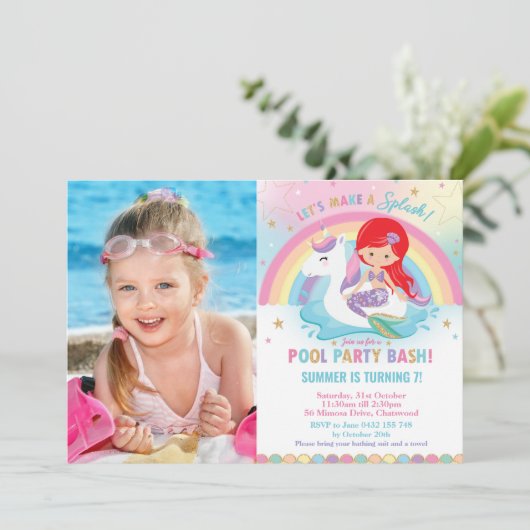 MermaidとUnicornプールの誕生日パーティーの写真 招待状 (スタンド正面)