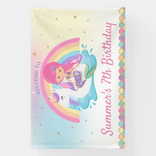 MermaidとUnicornプール誕生日パーティーへようこそ 横断幕 (縦)