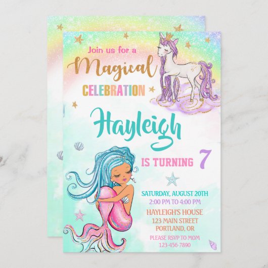 MermaidとUnicorn誕生日の招待ガールパーティー 招待状 (正面/裏面)