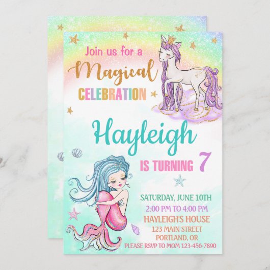 MermaidとUnicorn誕生日の招待ガールパーティー 招待状 (正面/裏面)