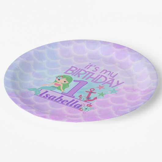 Mermaidをテーマにした第1の誕生日プレート ペーパープレート (アングル)